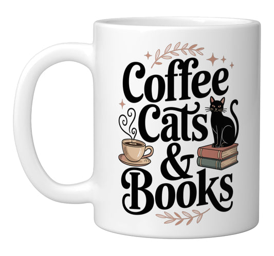Coffee Cats & Books Funny Book Lover Reading Humor Ceramic Mug, White