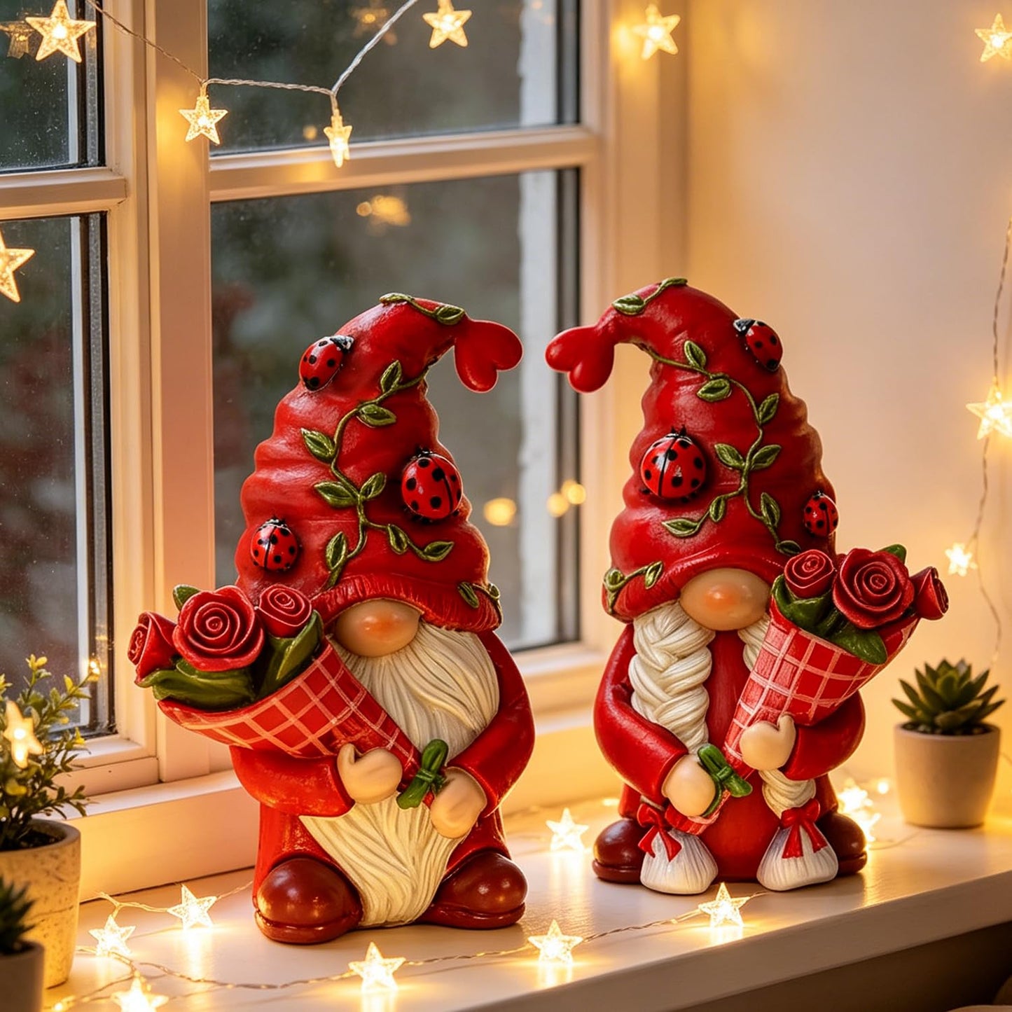Eousera Red Roses Gnome Figurines - Indoor Home Office Spring Decor, Romantic Summer Gnomes Gifts for Women, Resin Ladybug Dwarf for Desk Shelf Decorations