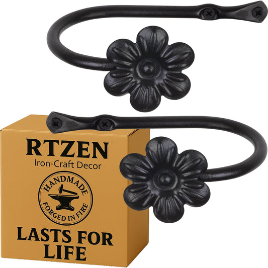 RTZEN Decorative Metal Curtain Tiebacks - Farmhouse Wrought Iron Curtain Holdbacks - Drapery Holders for Wall - Unique Metal Tie Backs for Curtains - 2 Pcs (Black Flower)