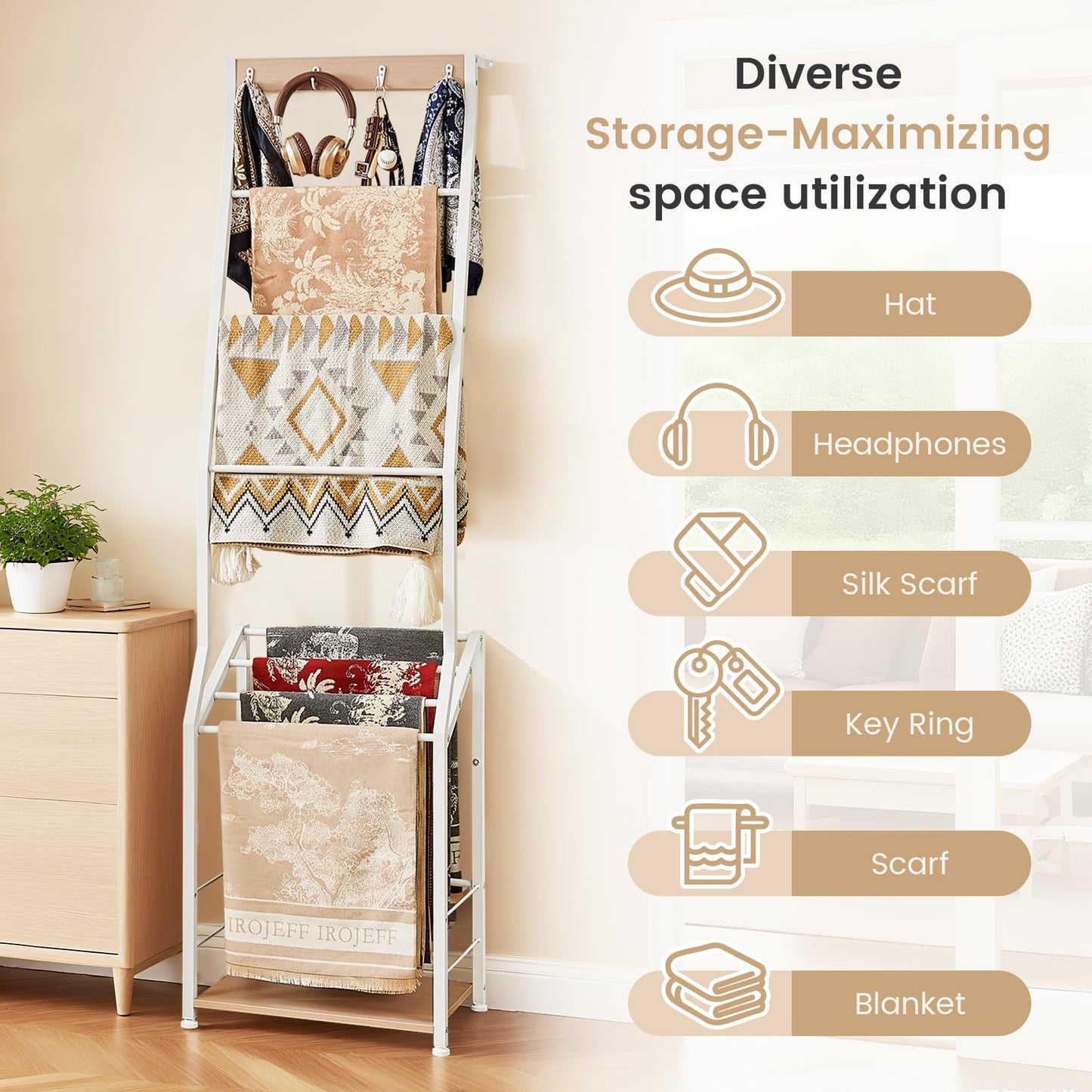 Pinzoveco Blanket Ladder, 7 Tier Blanket Ladders for The Living Room,Wooden Ladder Shelf with Hooks, 5.5ft Blanket Holder Rack Farmhouse Ladder Rack for Storage and Home Decor (White)