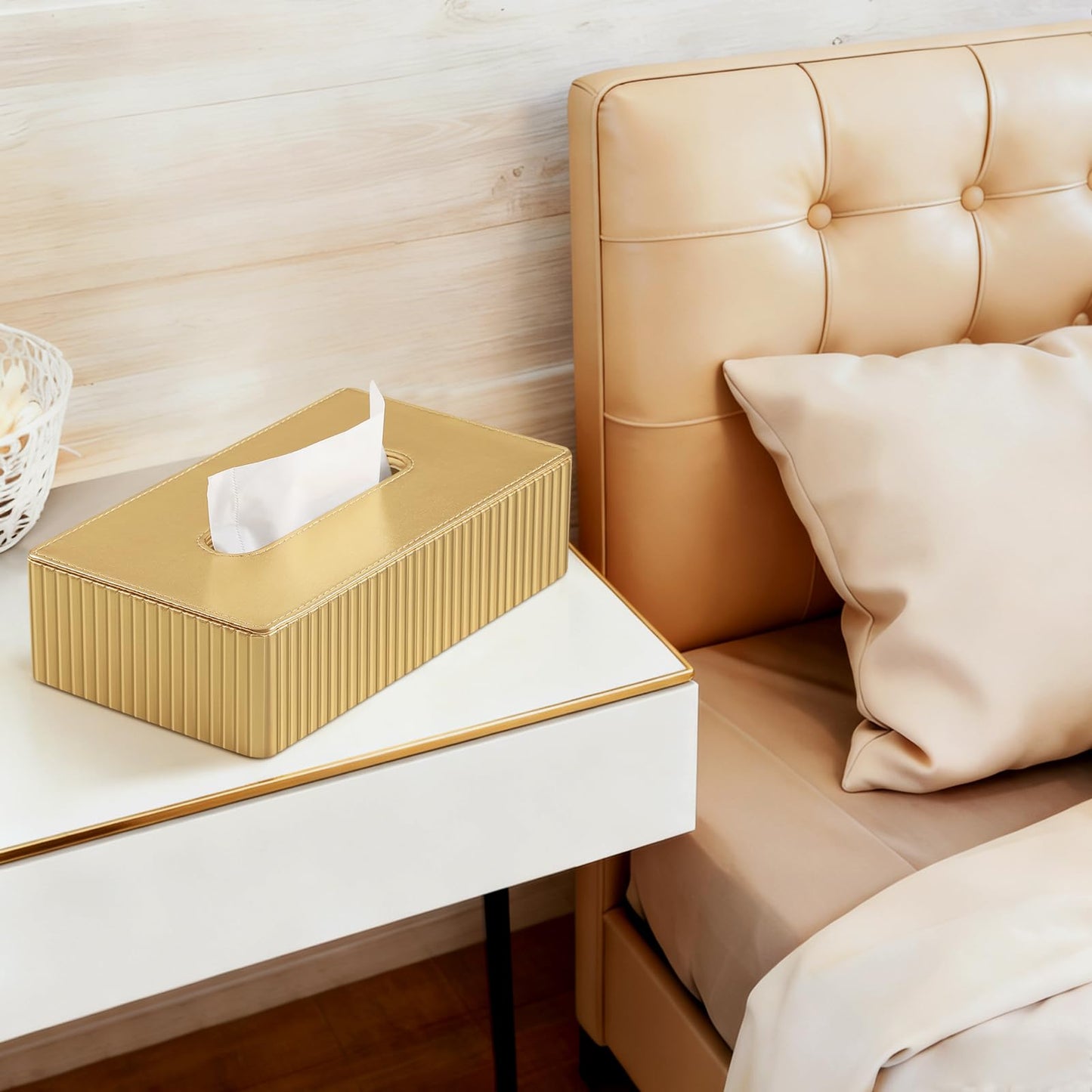 NICLNGSH PU Leather Short Tissue Box Cover Rectangle, Small Tissue Box Holder with Magnetic Closure, Decorative Rectangular Tissue Holder for Bathroom Car Office (Gold)
