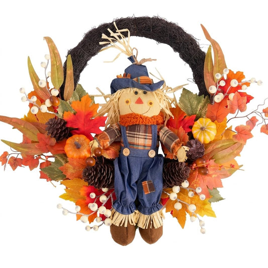 Valery Madelyn 24" Collapsible Fall Wreaths for Front Door, Artificial Scarecrow Doll Wreath with LED Lights Pumpkins for Autumn Decor, Harvest Halloween Decorations for Home Porch Thanksgiving