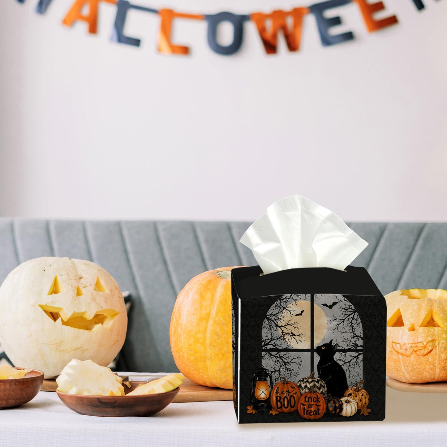 Halloween Black Cat Tissue Box Cover Square, Halloween Desk Decor Cube Tissue Box Holder, Autumn Tabletop Decor Leather Facial Paper Organizer Dispenser for Bathroom Home Night Stand Living Room/27