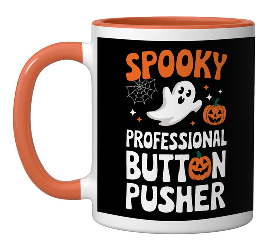 Spooky Professional Button Pusher Ceramic Mug, Orange/White