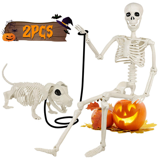 36'' Halloween Skeleton Decoration with Dog Skeleton, 3FT Posable Skeleton Realistic Plastic Bones Movable Joints for Halloween Party Yard Haunted House Props Indoor Outdoor Decor
