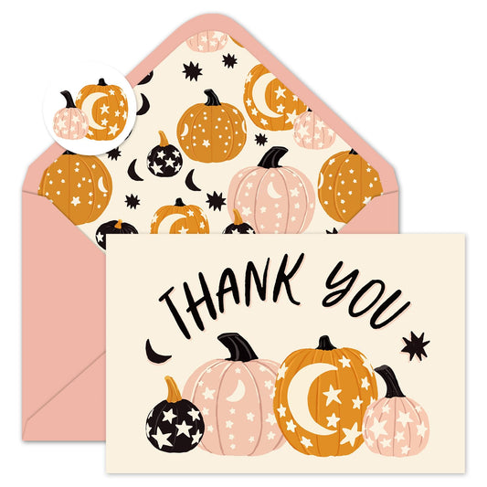 Whaline 50 Pack Fall Thank You Cards Pink Orange Pumpkin Greeting Cards with Envelopes Stickers Blank Note Card for Autumn Thanksgiving Halloween Wedding Baby Shower Birthday, 4 x 6 Inch