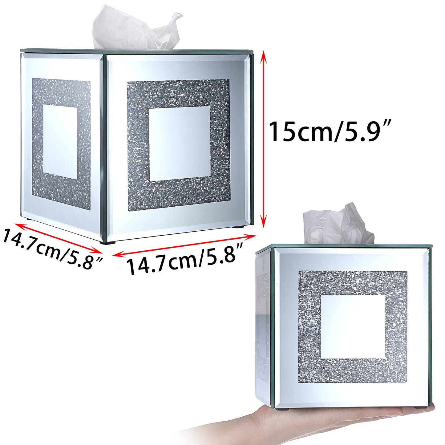 Sumnacon Crystal Square Tissue Box Cover - Sparkly Glass Cube Tissue Box Holder, Decorative Facial Tissue Holder for Bathroom Vanity Dresser Night Stand Table Countertop Office Home Decor, Silver
