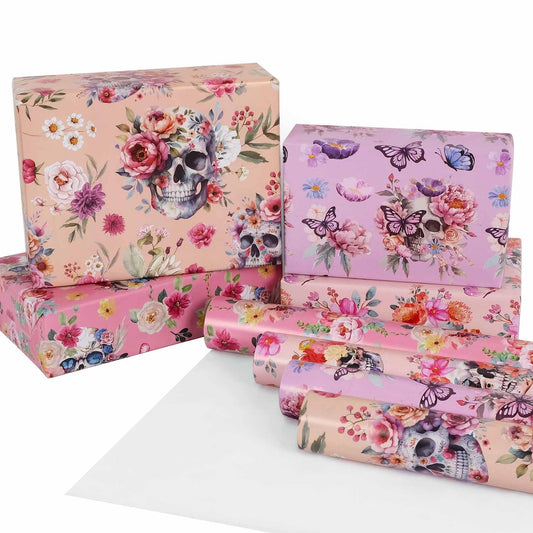 Aimyoo Halloween Wrapping Paper Rolls - 17 Inch x 16.5 Feet - 4 Rolls - Gothic Skull, Floral Design Perfect for Halloween, Christmas Decorations, Holidays, and Parties