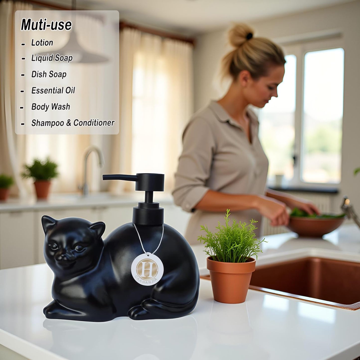 Caahanjia Black Liquid Soap Dispenser, Ceramic Cat, Refillable Wash Liquid Soap Hand Soap for Bathroom Kitchen
