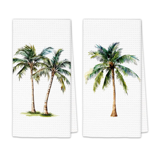 OINDADE Coastal Palm Tree Kitchen Hand Towels Set of 2, Summer Coconut Tree Decor for Kitchen Bathroom, Summer Botanical Beach Tropical Plant Hand Towels for Bathroom Toilet Washroom, 16x24In