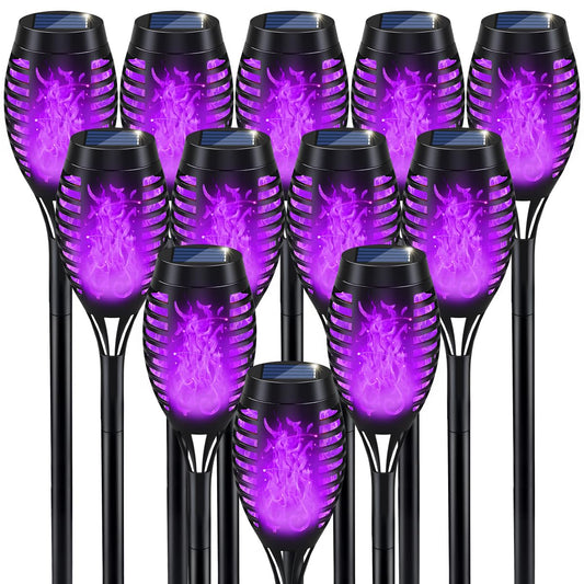 12Pack Halloween Yard Decorations, Purple Halloween Pathway Lights for Outside Halloween Decor, Solar Powered Halloween Lights, Solar Flame Torch Lights for Halloween Yard Decorations Outdoor Lights