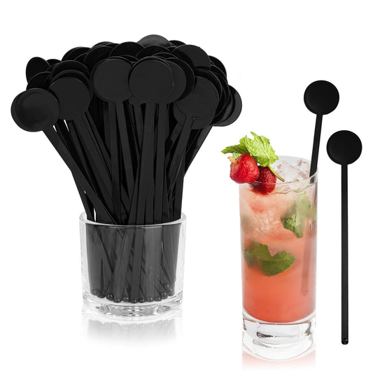 YEUIKERR 300 Pcs 7.3 Inch Cocktail Swizzle Sticks Black Drink Stirrers Disposible Plastic Disc Top Drink Stirrers,Mixing Rod for Bar Drinks,Coffee,Whiskey Beverage