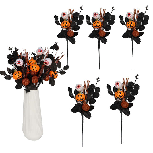 YLEALTH 5PCS Artificial Halloween Flowers,13.4 Inch Artificial Pumpkin Maple Leaf Floral Stems Branches &Eyeball Halloween Decoration for Indoor Home Farmhouse Party Table Vase Décor