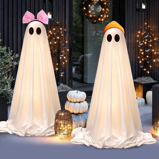 Halloween Decorations Outdoor Indoor, 2 Pack Light Up Cute Ghost Decoration, Spooky DIY Standing Decor Set with Small Accessories for Front Yards, Gardens, Porch, Lawn and Party