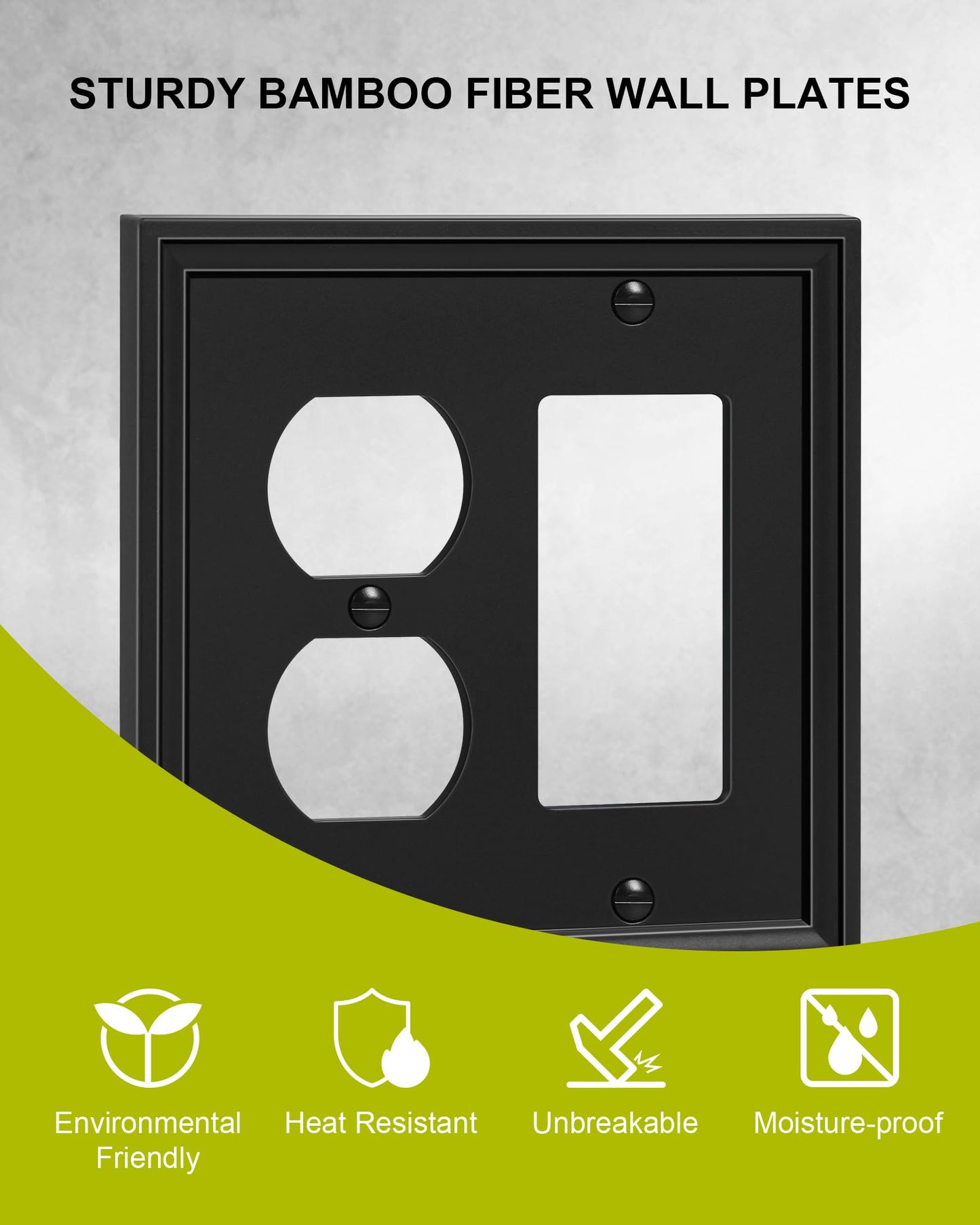 TREEWELL 2-Pack Combo Duplex/Decorator Light Switch Cover Plate, Black Modern Decorative Electrical Outlet Covers, Bamboo Fiber Wall Switch Plates and Outlet Covers