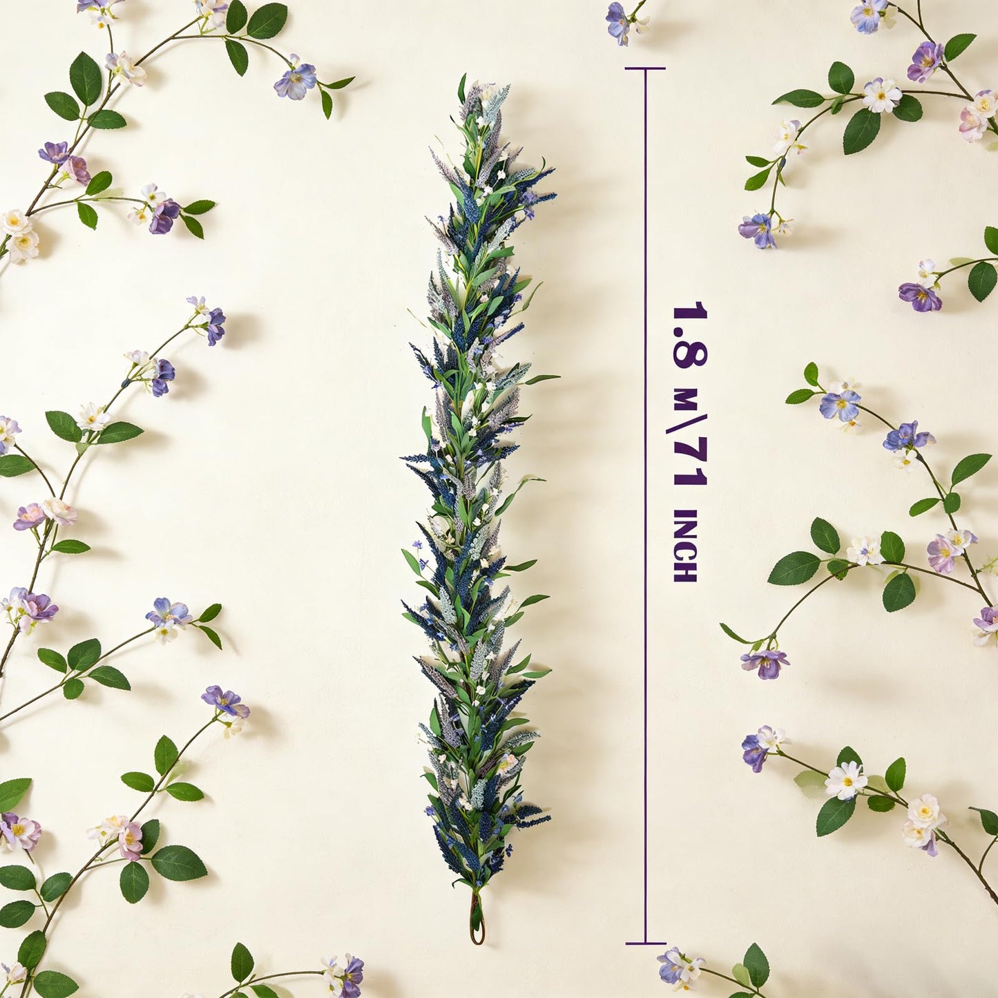 TEMPUS Artificial Lavender Garland 70 Inch | Faux Purple Flowers with Willow Leaves | Spring Wreath for Wedding Arch, Table Runner, Mantle Decor | Farmhouse Home Decorations