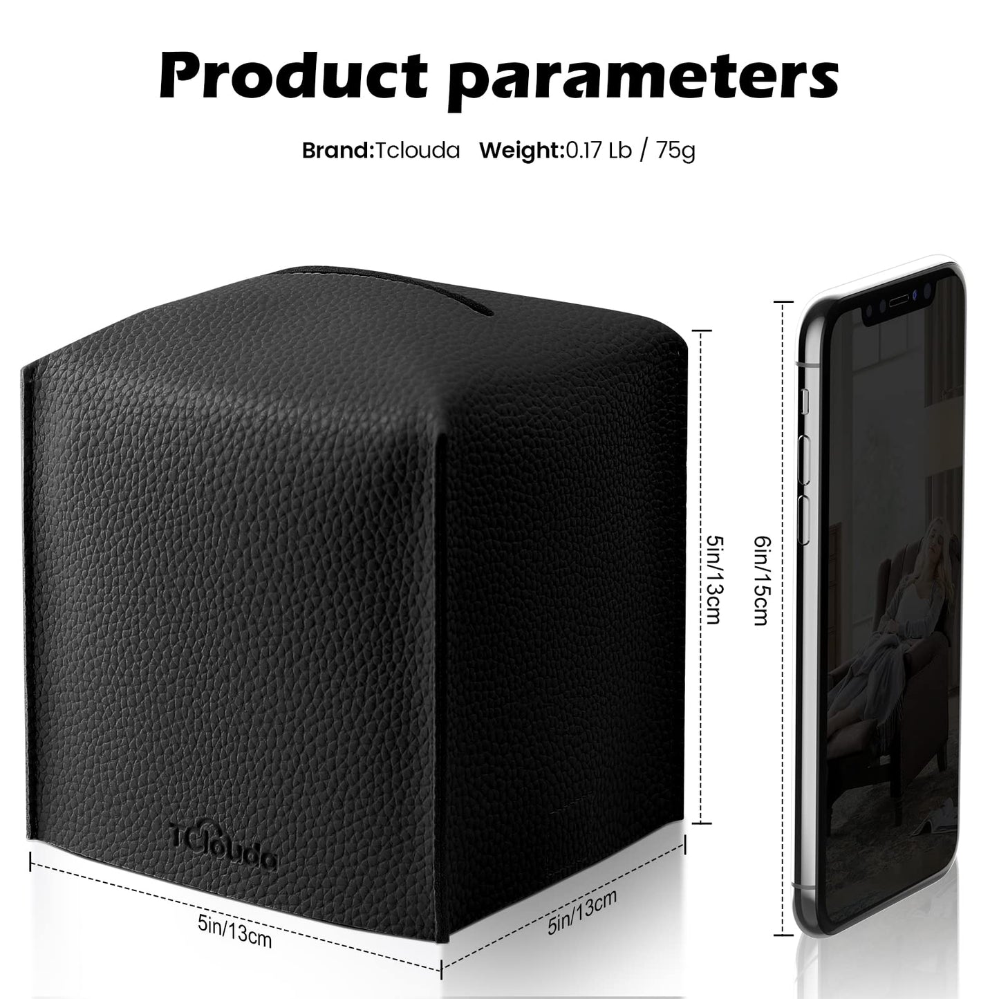 Tissue Box Cover, Tclouda, Modern PU Leather Square Tissue Box Holder for Creative Decorative, 2 Pack, Ideal for Bathrooms/Office/Car/Nightstand/Outdoor Tent/Dining Table, 5"X5"X5", Double Black