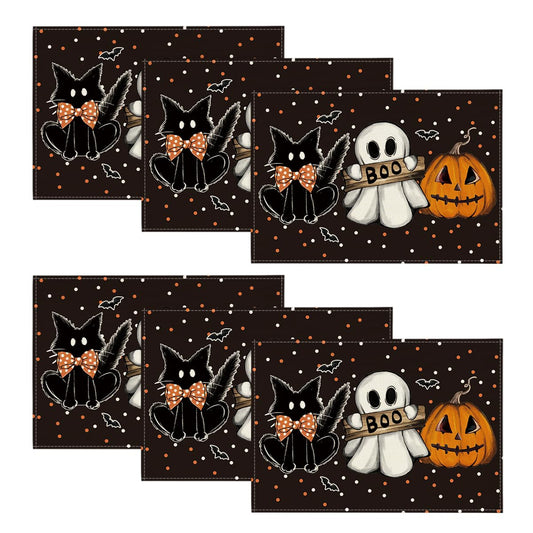 Artoid Mode Polka Dot Ghost Pumpkin Cat Boo Halloween Placemats Set of 6, 12x18 Inch Seasonal Fall Table Mats for Party Kitchen Dining Decoration