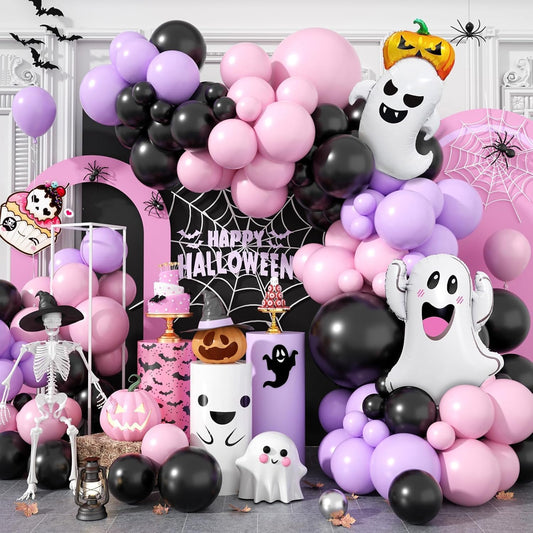 Halloween Balloon Arch Garland Kit,Black Pink Purple Ghost Foil Pumpkin Ghost Balloons for Family Halloween Party Background Classroom Decorations Cosplay Theme Party
