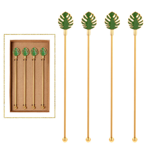 Palm leaf Drink Stirrer Sticks Stainless Steel Coffee Beverage Stirrers，Set of 4 Cocktail Swizzle Stick,7.5", Multicolor