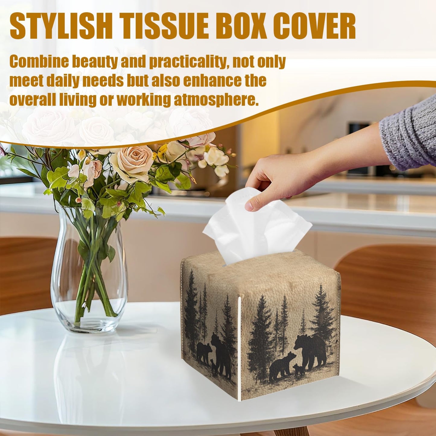 Bear Pine Tree Tissue Box Cover 2PCS, Leather Tissue Box Holder Square Facial Paper Case Tissue Box Cube Organizer for Bathroom Bedroom Desk Office