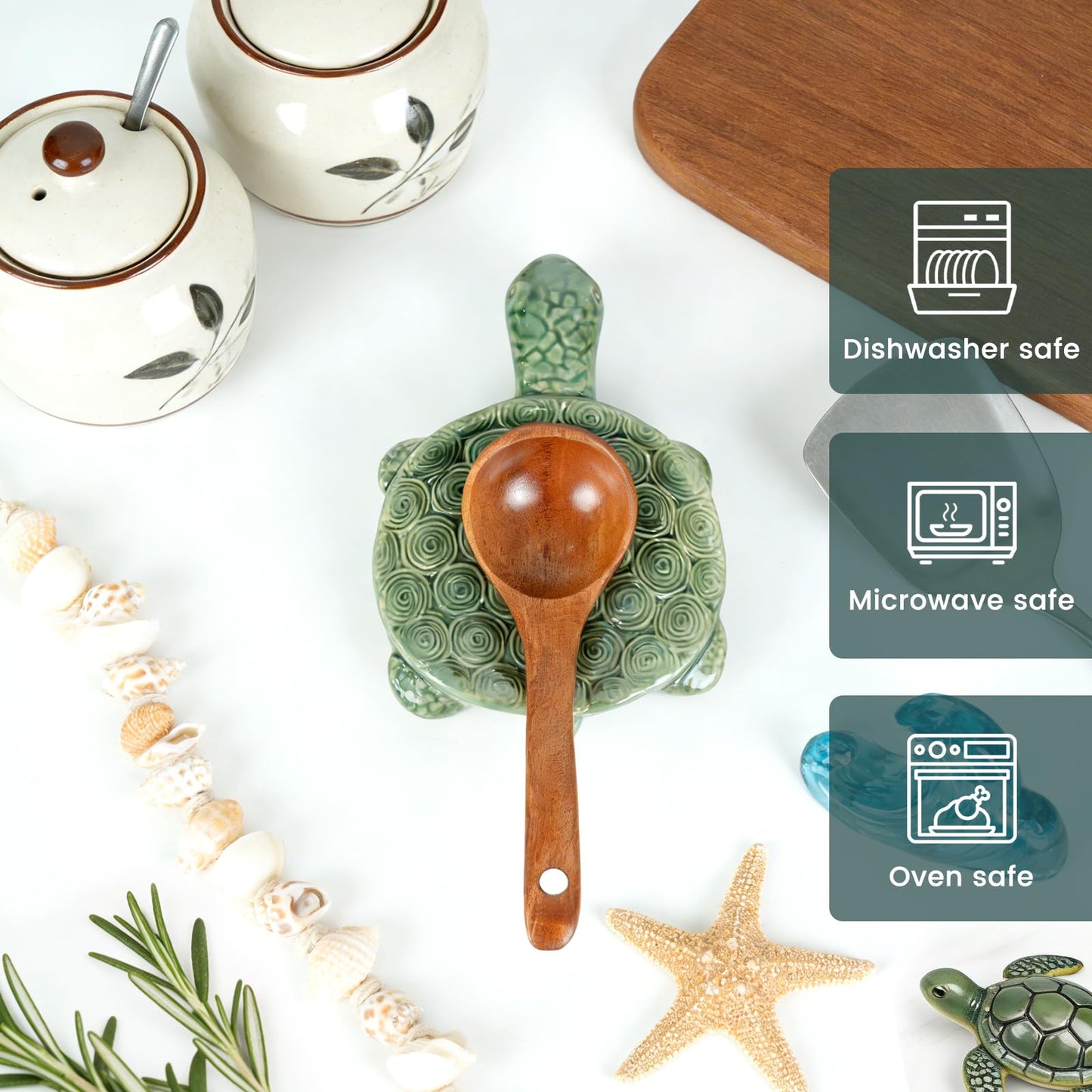 Ceramic Spoon Rest for Stove Top, 2 Pack Cute Turtle Spoon Holder for Kitchen Counter, Large Utensil Rest Spatula Holder for Cooking, Teal Kitchen Accessories, Gift for Ocean Lovers