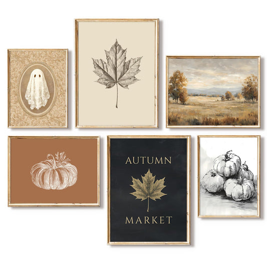 Vintage Halloween Wall Art Fall Autumn Canvas Poster Pumpkin Wall Decor Cute Ghost Poster Landscape Aesthetic Pictures Fall Prints Rustic Farmhouse Painting Neutral for Gallery Bedroom 12x16 Unframed