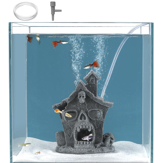 Carefree Fish Aquarium Haunted House Halloween Ghost Bubbler Decor Fish Hide-Out Ornament with 3Ft Tubing and Tiny Air Stone（No Included Air Pump