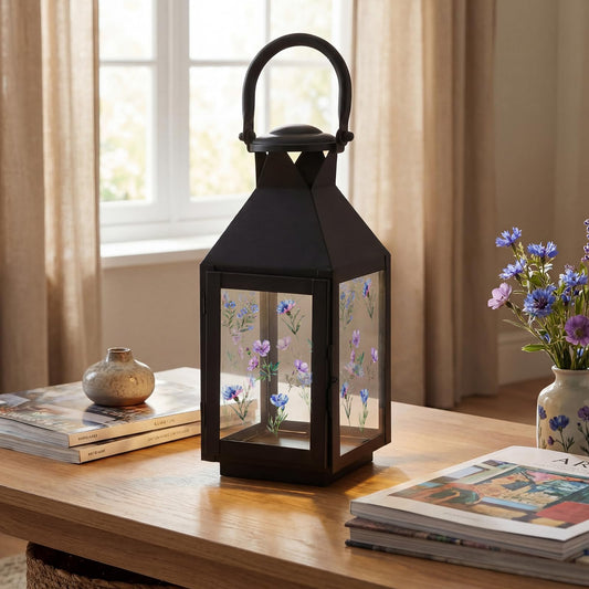 VIHOSE Decorative Candle Lantern 10 Inch Vintage Metal Lantern Decor with Flower Print Hanging Glass Candleholder for Room Bedroom Farmhouse Indoor Outdoor Use