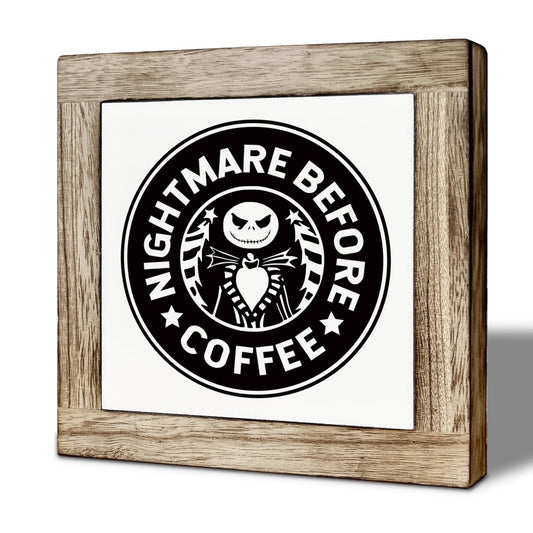 Nightmare Before Coffee Sign, Funny Cafe Decorative, Coffee Tiered Tray Halloween Sign, Spooky Gothic Neutral Black Skull Decor, Cafe Tabletop Decoration 5.9X5.9 Inches