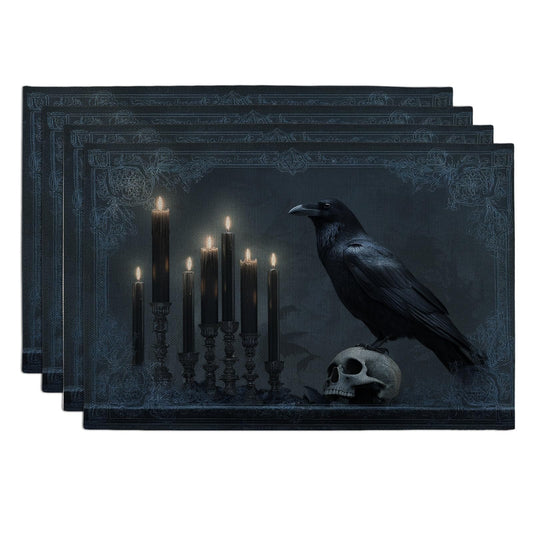 Gothic Black Raven Placemats, Dark Halloween Table Mats for Dining Room, Non-Slip Washable Indoor Outdoor Decorative Placemats Set of 4