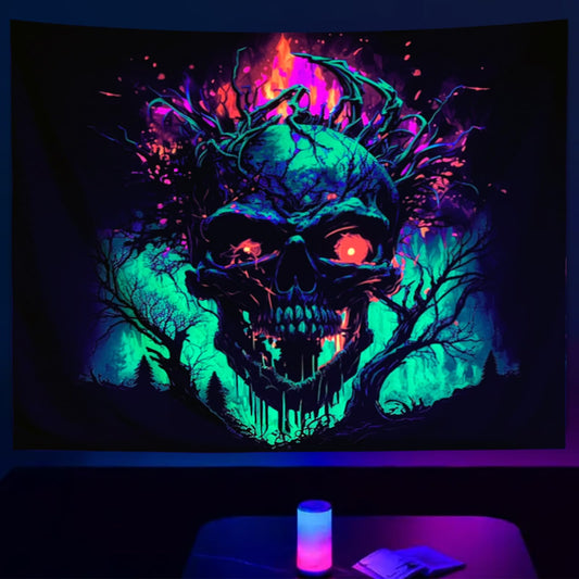 SparkLia Blacklight Fire Skull Tapestry, UV Reactive Burning Skeleton Horror Wall Hanging, Glow in the Dark Scary Dark Forest Surreal Artwork Wall Tapestries Halloween Decor for Bedroom, Living Room - 51.2" x 59.1"