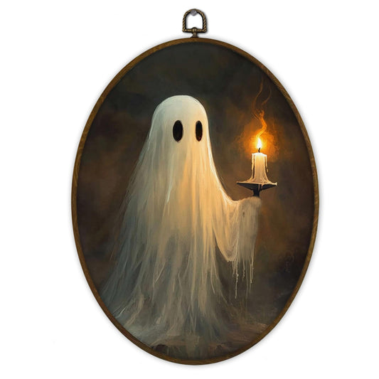 Gnmduw Halloween Spooky Ghost Oval Wall Art Framed, Dark Academia Ghost Holding Candle Canvas Prints Hanging Decor,Vintage Gothic Spooky Halloween Wall Decor for Living Room Bedroom, 8.7x11.3 Inch