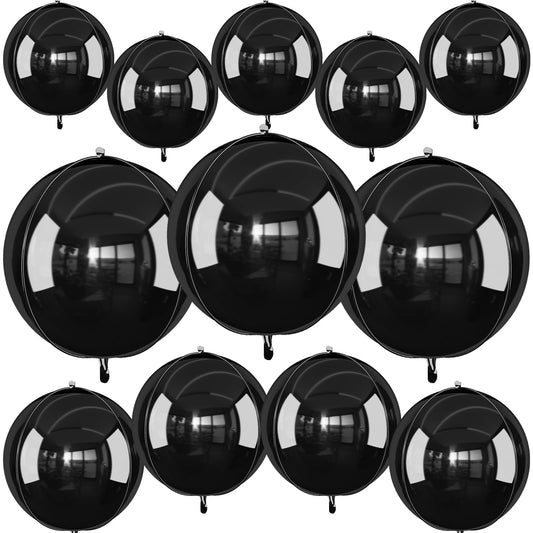 12Pcs Black Round Foil Balloons, 22" 15" 10" Metallic Black 4D Ball Balloons for Birthday Graduation Christmas New Year Eve Halloween Party Backdrop Decorations