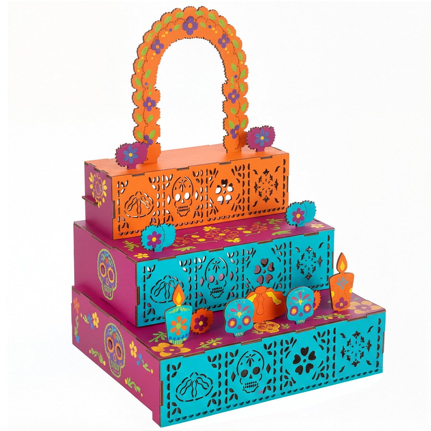 MotiMind Dia De Los Muertos Altar Ofrenda, Wooden Sugar Skull and Candle Papel Picado Day of The Dead Supplies with Photo Frame for Dia De Los Muertos Decor and Indian Diwali Decoration(Arch Style)