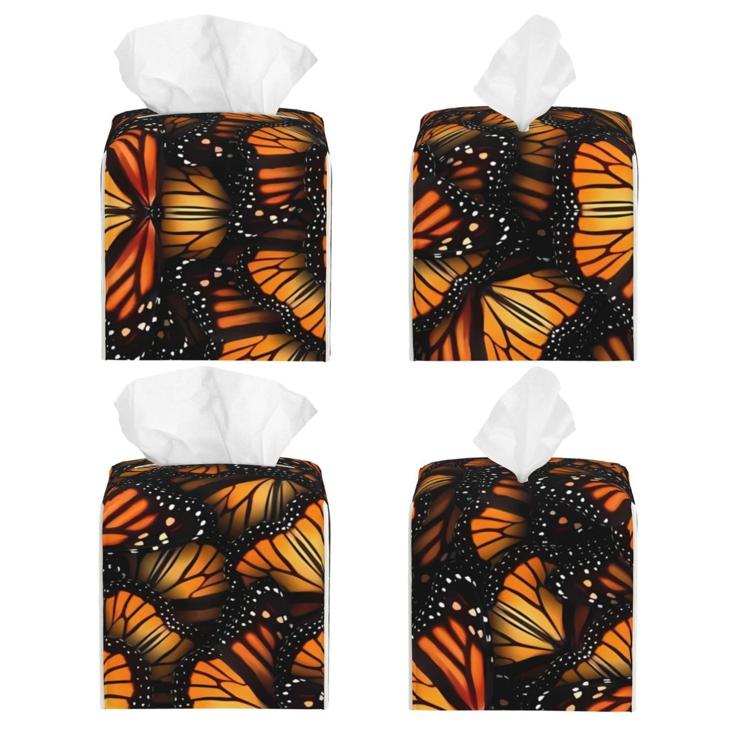 Tissue Box Cover Orange Monarch Butterflies Modern PU Leather Square Tissue Box Holder - Decorative Holder/Organizer for Bathroom Vanity Countertop, Night Stands, Office Desk & Car 5"X5"X5"
