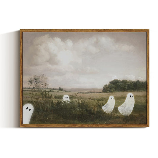 VIYYIEA Framed Canvas Art Prints,12x16Inch, Funny Halloween Decor, Vintage Landscape Ghost Decor for Bedroom Living Room Fireplace Shelf Office, Whimsical Spooky Pastoral Picture