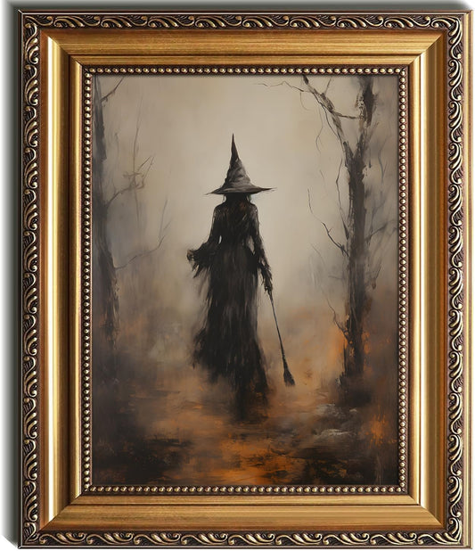 Kizbok Gold Framed Wall Art for Home Decor, Vintage Witch Wall Art Halloween Decor, Spooky Witch in Dark Forest Canvas Prints for Wall Decor, Rustic Halloween Pictures Wall d ecor for Dark Academia D ecor, Aesthetic Witchy Poster Bedroom Framed Art Gothic