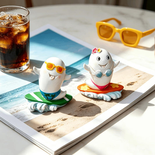 DiliComing Summerween Ghost Figurines Summer Decor - 4 Inch Set of 2 Cute Surfing Ghost Resin Statues Summer Party Tropical Beach Themed Collectible Figurines for Home Decor Halloween Decorations