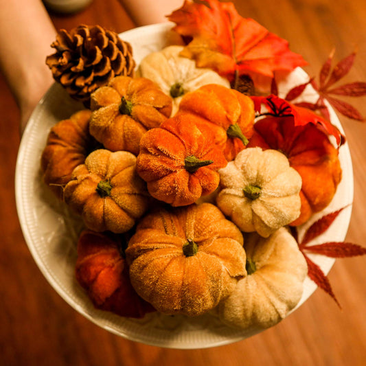 Romingo Artificial Pumpkins 12PCS Fake Artificial Velvet Small Pumpkins for Halloween, Fall and Thanksgiving Party Decoration