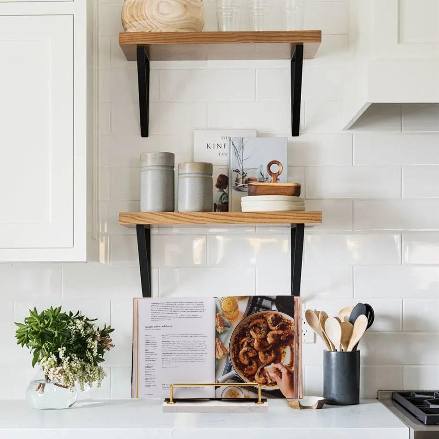 Bonshocon Cookbook Stand,Marble Cook Book Stand for Kitchen Counter,Heavy Duty Book Stand for Cookbook Recipe Cutting Board,Stylish Cookbook Holder for Kitchen Counter,White