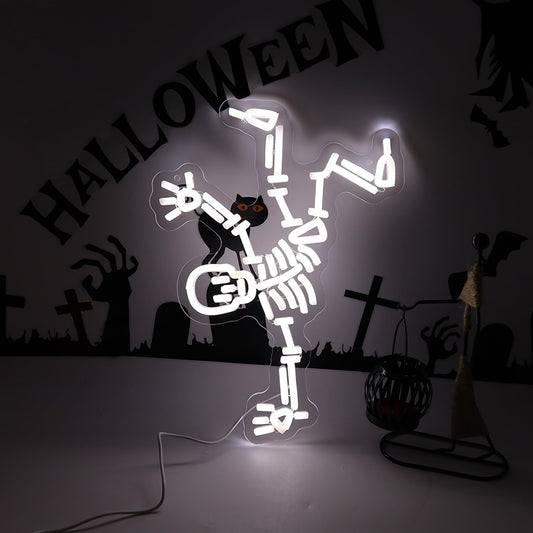 Dancing Skeleton Neon Sign for Halloween decorations - LED Skull Neon Light Up Sign for Wall Decor, Perfect for Man Cave Halloween Party Decor