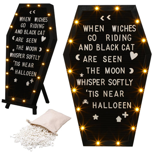 Colarr Coffin Black Felt Letter Board Built in LED Lights with Stand Halloween Decor, 500+ Characters White Precut Halloween Letter Board Home Decor with Linen Storage Bag 16.54 x 10.47 Inch