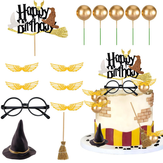 Rismise Wizard Cake Topper 14PCS Magical Wizard Themed Cake Decorations Gold Ball Cupcake Cake Picks with Glasses Wings Hats for Halloween Birthday Magical School Party Supplies