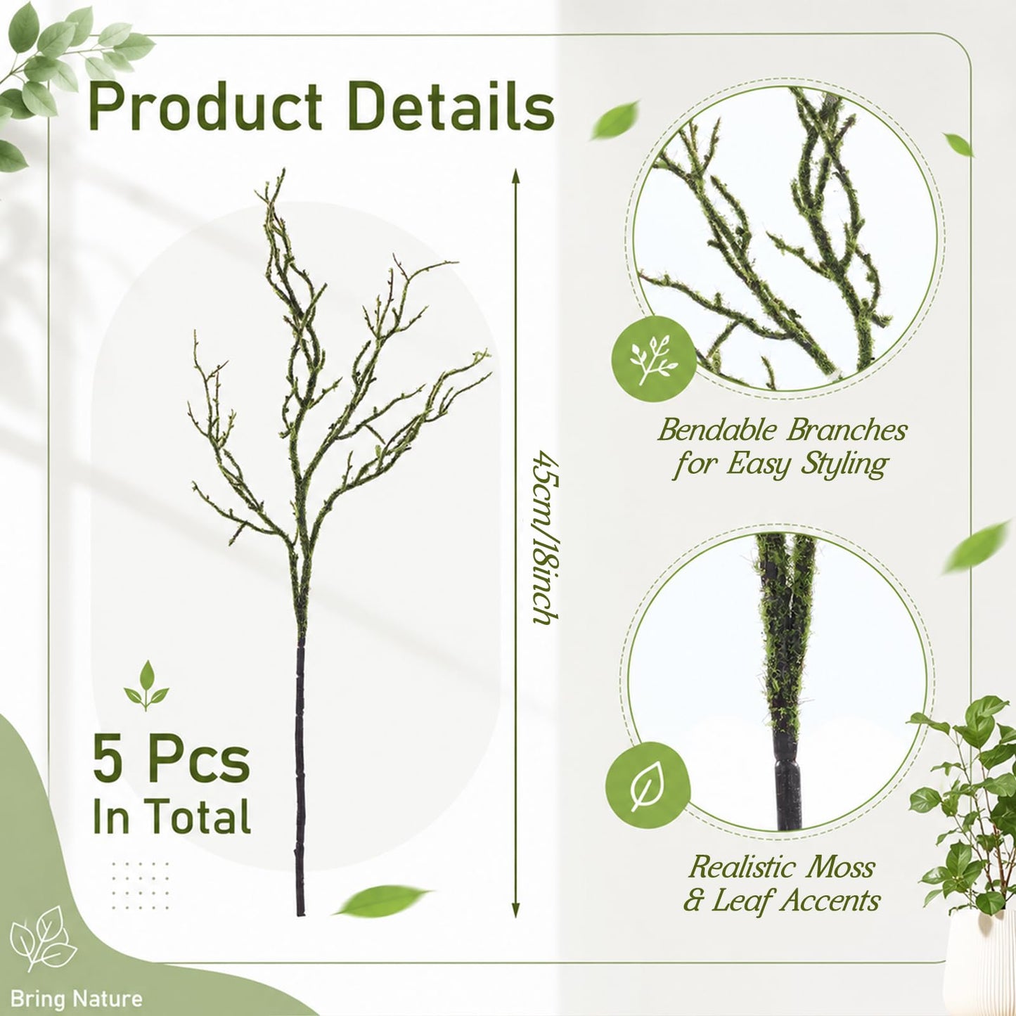 Giegxin 5 Pack 18 Inch Halloween Artificial Moss Branches Rustic Faux Greenery Twigs Bendable Fake Moss Stems for Vase Gothic Witchy Home Decor for Fall Spooky Table Centerpiece Decor