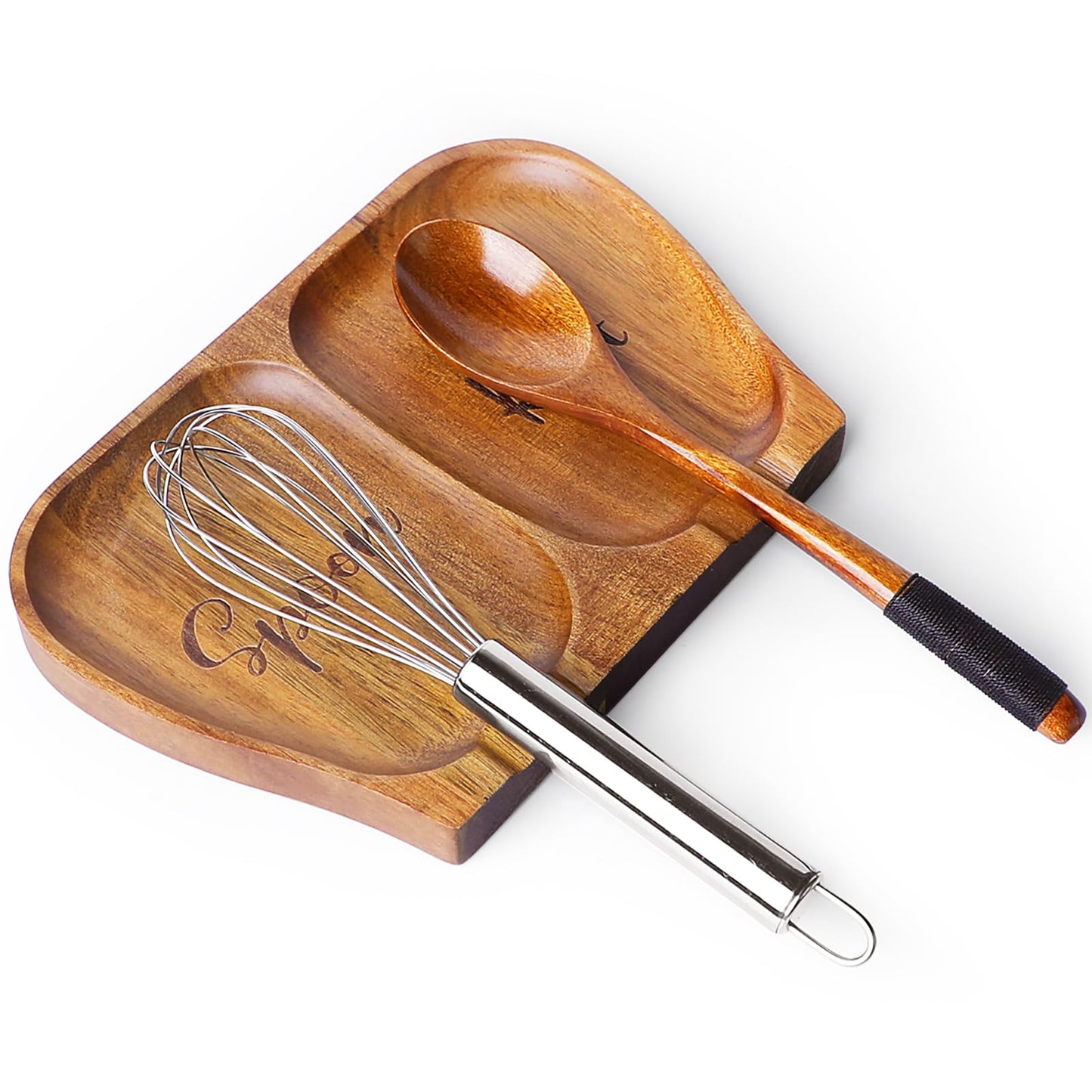 NOOETAH Large Acacia Wood Spoon Rest, Double Wooden Spoon Holder With Non Slip Silicone Feet, Handmade Kitchen Rest for Kitchen Countertop, Brown Labeled "Spoon Rest"