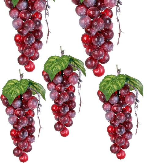 Bairdish 5pcs Red Simulation Grapes Bunches Lifelike Artificial Grapes Fake Grape Bundle for Vines Decoration Wine Kitchen Garland Decor Faux Fruit Props(36grains 7 Inches Long)