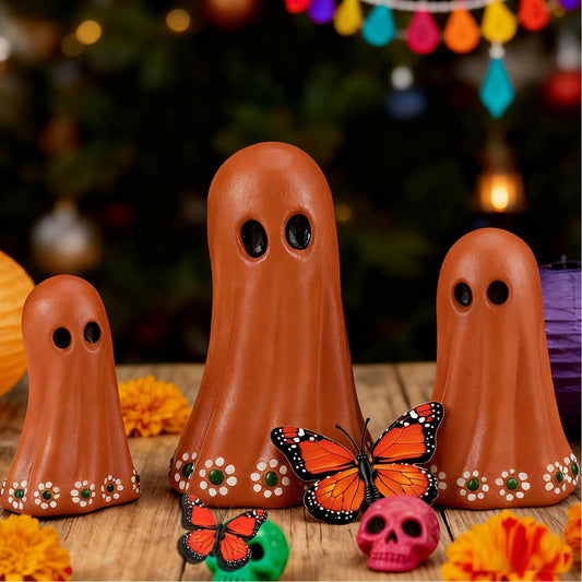 Geelin 3 Pcs Halloween Mexican Ghost Figurines Resin Halloween Muertos Terracotta Ghost Tabletop Decor Terracotta Floral Centerpiece for Mexican Xmas Home Decoration Indoor