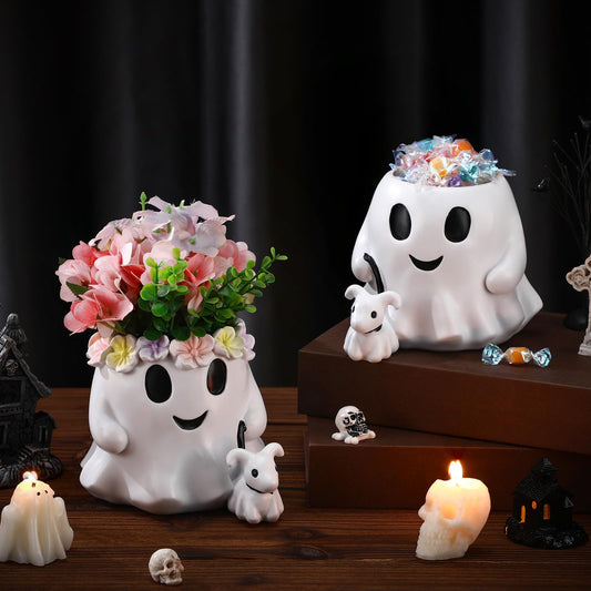 Chunful 2 Pcs Ghost Bucket Decor Halloween Couple Ghost Table Decoration Halloween Candy Bowl Planter Vase Centerpieces for Home Office Shelf