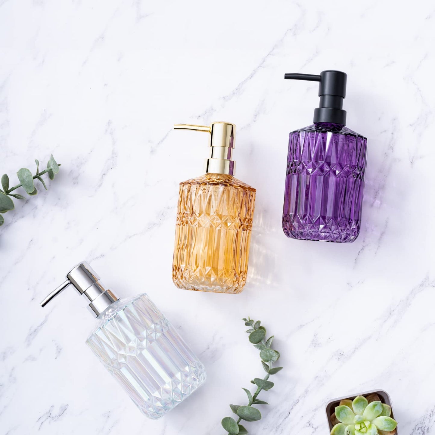 TISUZXCV Diamond Design 12 Oz Purple Glass Soap Dispenser,Refillable Lotion Soap Dispenser for Bathroom, Kitchen, Hand Soap, Dish Soap,Shampoo, Ideal for Bathroom Countertop. (Purple)